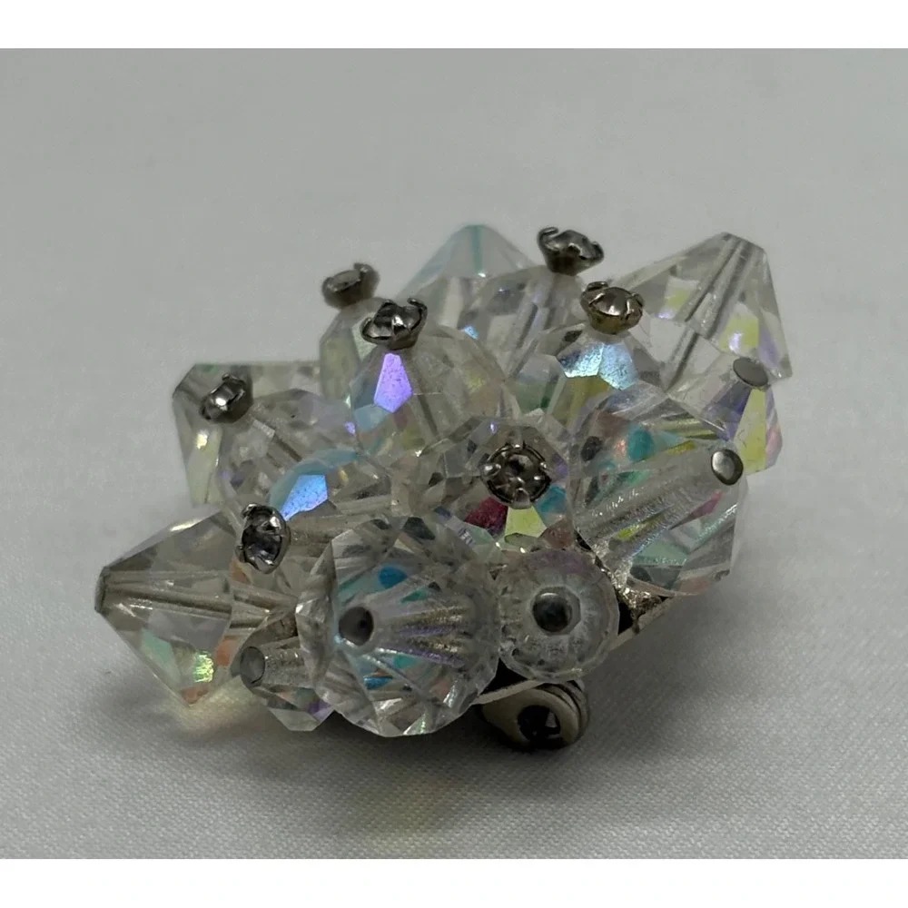 Vintage‎ Aurora Borealis Glass Crystal Beaded Round BROOCH PIN